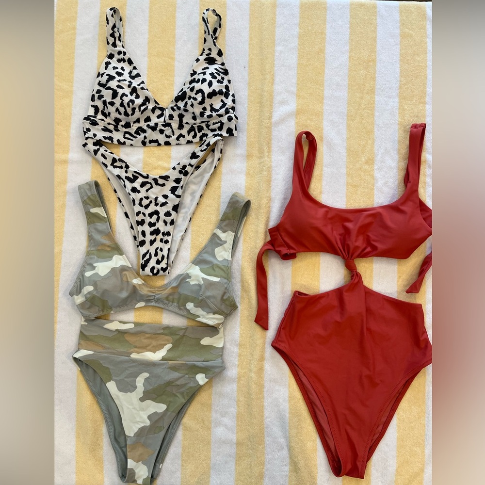 Aerie Red and Green One-pc Swimsuit with Modern Cutouts and two 2 pc swimsuits